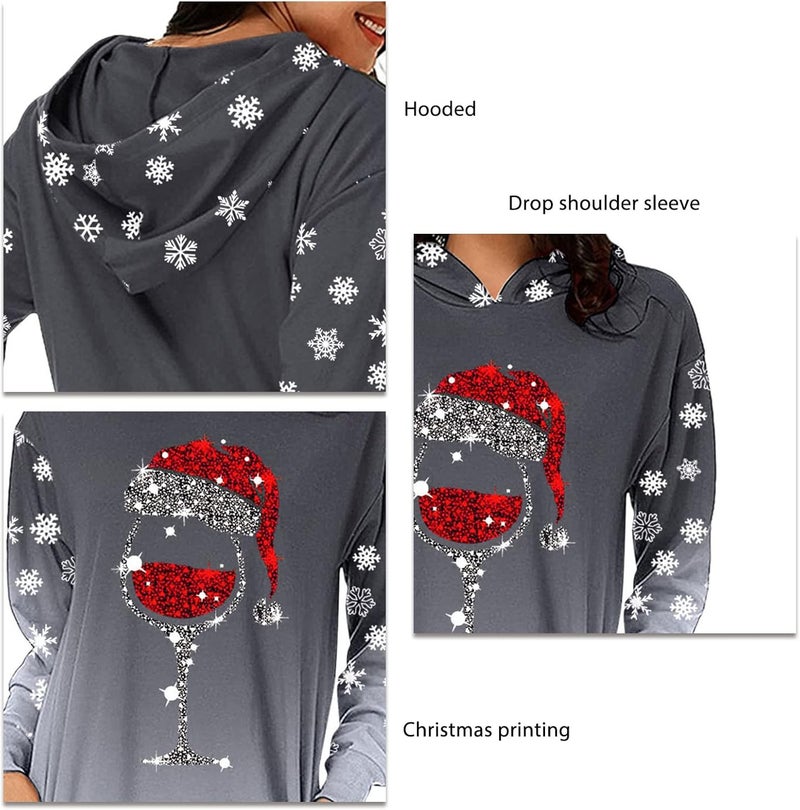 woobles Hoodie Dress, Womens Hoodie Dress Christmas Pattern Print Polyester Casual for Shopping - Image 4